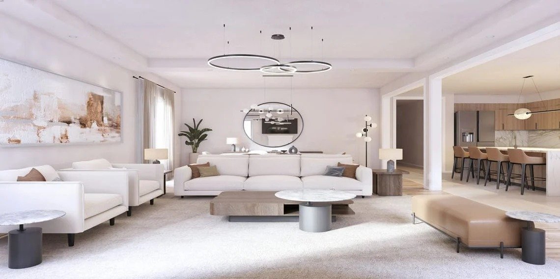 Bellaro at Palmetto spacious living room with ring chandeliers